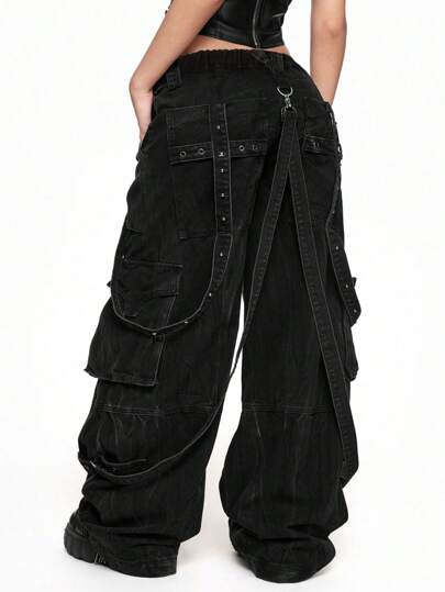 Grunge Punk Plus Size Kpop Loose Fit Dark Punk Cross Metal Eyelet Tape Design Back Panel Baggy Jeans