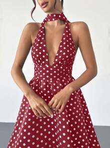 Firerie Women's Retro Polka Dot V-Neck Tie Back Waist Flare Midi Dress, Suitable For Valentine's Day, Concerts, Performances, Dates, Parties, Weddings, Sexy, Elegant, Commuter, Back To School, Vacation, Beach, Romantic - Red - View 4