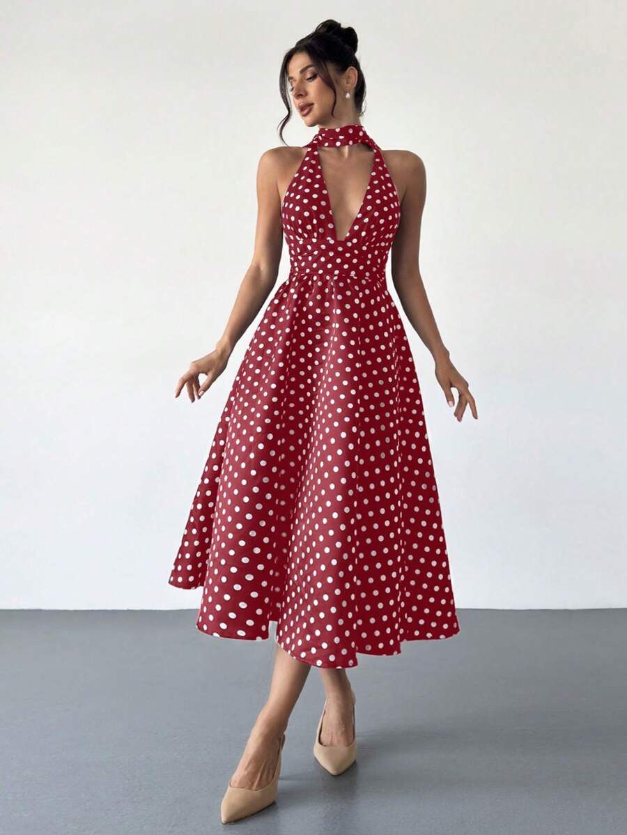 Firerie Women's Retro Polka Dot V-Neck Tie Back Waist Flare Midi Dress, Suitable For Valentine's Day, Concerts, Performances, Dates, Parties, Weddings, Sexy, Elegant, Commuter, Back To School, Vacation, Beach, Romantic - Red - View 1