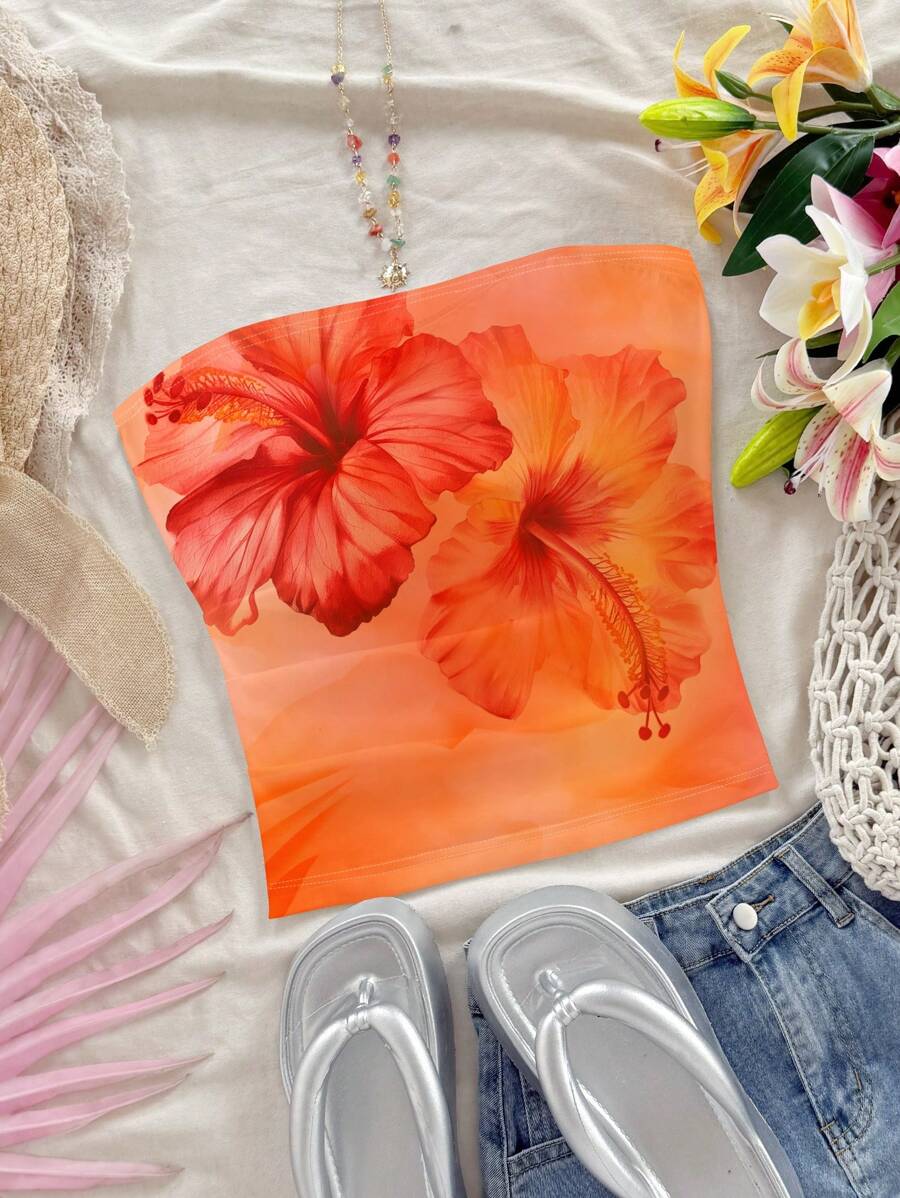 Soleia Áo yếm họa tiết hoa nhuộm loang màu cam nhiệt đới phong cách nghỉ dưỡng giản dị dành cho nữ gợi cảm thích hợp cho kỳ nghỉ hè ở bãi biển - Nhiều màu - Xem 1