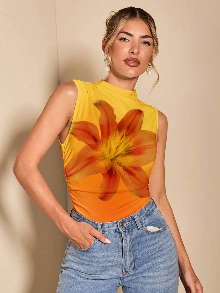 SHEIN SXY 女式秋季褶饰立领无袖紧身衣