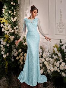 Glamrae Váy dạ hội trang trọng kiểu đuôi cá cổ chữ V tay dài đính lưới màu tương phản thanh lịch, dành cho khách dự tiệc cưới, eo cao - Màu xanh nhạt - Xem 5