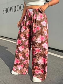 SHEIN EZwear Plus Size Women Leopard Print Woven Fabric Casual Everyday Work Versatile High Waist Wide Leg Loose Pants With Pockets,Summer Pants - Brown - View 7