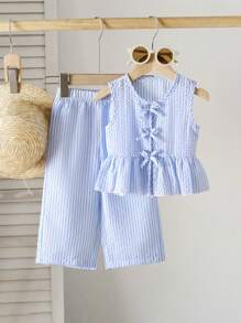 SHEIN Conjunto de 2 piezas de parte superior sin mangas de rayas y pantalones de pierna ancha para niñas bebés y niñas pequeñas de 0 a 3 años, ideal para uso casual, diario y de vacaciones en primavera y verano