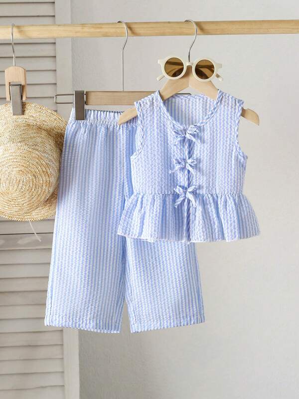 SHEIN 2pcs Baby Girls Toddler 0-3yrs Spring Summer Casual Sweet Daily Vacation Striped Woven Sleeveless Top And Wide Leg Pants Set