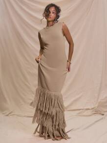 SHEIN X Scheana MUSERA Sleeveless Ribbed Maxi Dress Frill Fray Hem Detail Summer Holiday Vacation Sweater Dress Ibiza Fall Night Out Autumn Winter Everyday Fall Winter   Chic - Brown - View 4