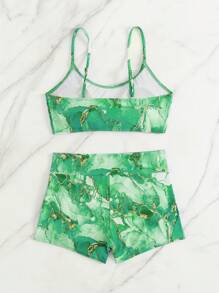 SHEIN Swim 2 件套新款春夏随机印花绿色图案细肩带上衣和三角短裤度假休闲沙滩派对泳衣女士 - 綠色 - 查看 2