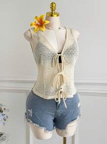 Comfortcana Plus Size Casual Resort Crochet Mesh Bow Decorated Shirt - Beige - View 3