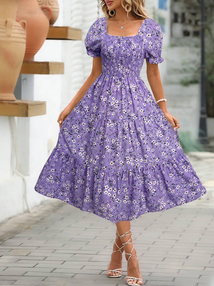 EMERY ROSE Vestido de línea A con mangas abullonadas y estampado floral para mujer - Púrpura malva - Ver 1