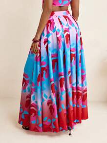 Sire Leo Lamar Abstract Ombre Flower Print Wide Pleated A-Line Maxi Skirt Summer Vacation Holiday - Multicolor - View 2