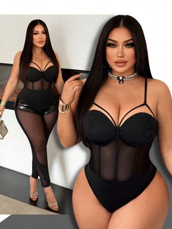 SHEIN SXY Дамска секси черна мрежеста камизолка тип пачуърк с декор на презрамка за гърдите, подходяща за улица, ежедневни, секси, ежедневни пътувания, пазаруване, срещи, страхотна и удобна за носене, лесна за съчетаване и изглежда тънка, подчертава тялото ви, изглажда фигурата