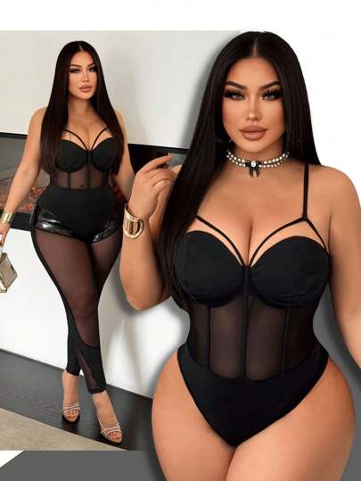 SHEIN SXY Camiseta de tirantes de mujer talla grande de malla negra con parches, adecuada para la calle, casual, sexy, viajes diarios, compras, citas; fresca y cómoda de llevar, fácil de combinar y estiliza la figura, resalta la silueta