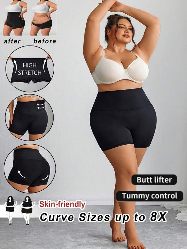 SHEIN CURVE+ Pantalones cortos de mujer de talla grande con cintura alta, negros y de silueta simple, curvas plus, para vacaciones