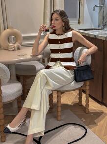 Pariaura 年轻时尚简约法式黑白条纹圆领不对称下摆金属扣修身针织休闲/通勤/度假套头衫，百搭罗纹针织，适合春夏秋季 - 彩色 - 查看 6