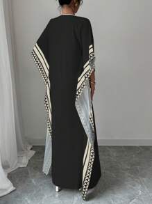 Chiquease Women's Elegant Deep V-Neck Retro Print Drop Shoulder Loose Dress - Black - View 2