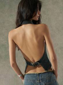 LYSMO Women's Open Back Zipper Front Cropped Halter Denim Jacket - Blue - View 2