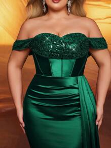 Glamrae Vestido de sirena elegante, de lujo y asimétrico con mangas de lentejuelas y parches, satén elástico y fruncido con abertura lateral, adecuado para bodas, fiestas, festivales, galas, ocasiones formales, como vestido de noche o para invitados de boda