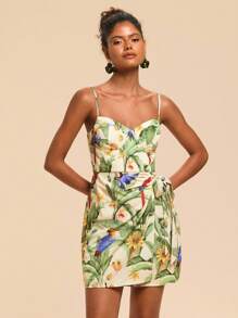 Travachic Vacation Casual Tropical Print Tie-Up Wrap Cami Mini Dress,Summer,Summer Outfits For Women,Beachwear,Easter,Beach Outfits For Woman,Vacation Outfits Women,Concert Outfit Women,BOHO,Music Festival,Tropical Vacation Woman Clothes,Romantic,Summer Dresses For Women,Bohemian Clothes - Green - View 3