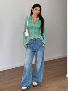 Chiquease 法式修身蓝白条纹长袖优雅优雅办公室职业装女衬衫 - 綠色 - 查看 4