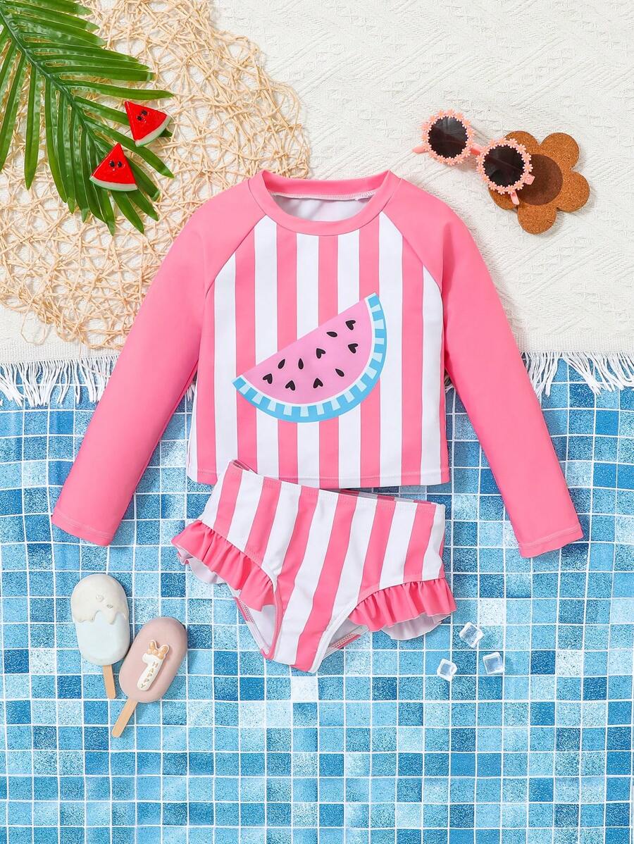 SHEIN 2pcs Watermelon Print Knitted Swimsuit Top And Triangle Swim Bottoms Set - White - View 1