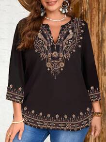 EMERY ROSE Plus Size Black Faux Embroidered Floral Blouse - Multicolor - View 4