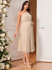 SHEIN Pregnant Women Elegant Solid Color Pleated Halter Dress, Summer Maternity Dress - Khaki - View 6