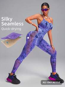 Innovista Mono de fitness sin costuras con estampado tie-dye para mujer, con sujetador integrado y almohadillas extraíbles, mono de yoga y fitness deportivo elástico, estilo boho degradado, espalda abierta, recortes de malla, diseño transpirable y de control del abdomen, ropa deportiva de uso diario