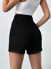 EURMUSE Slant Pocket Fold Up Front Opening Denim Shorts - Black - View 4