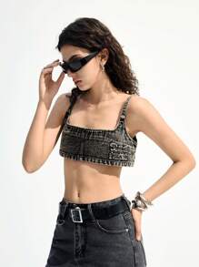 LYSMO 女士超短牛仔短款吊带背心 - 黑色 - 查看 5