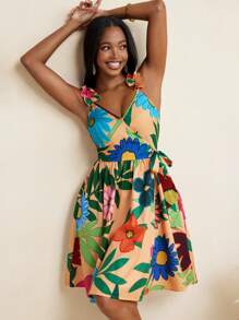 BELANGE HANDMADE Floral Print Ruffled Strap Wrap Mini Dress Women's Beachwear Outfits