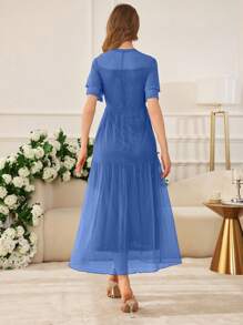Modelyn Abito ampio elegante da donna in stile primavera/estate con inserti in merletto, perle e bottoni, a pois e fiori con tessuto in in rete