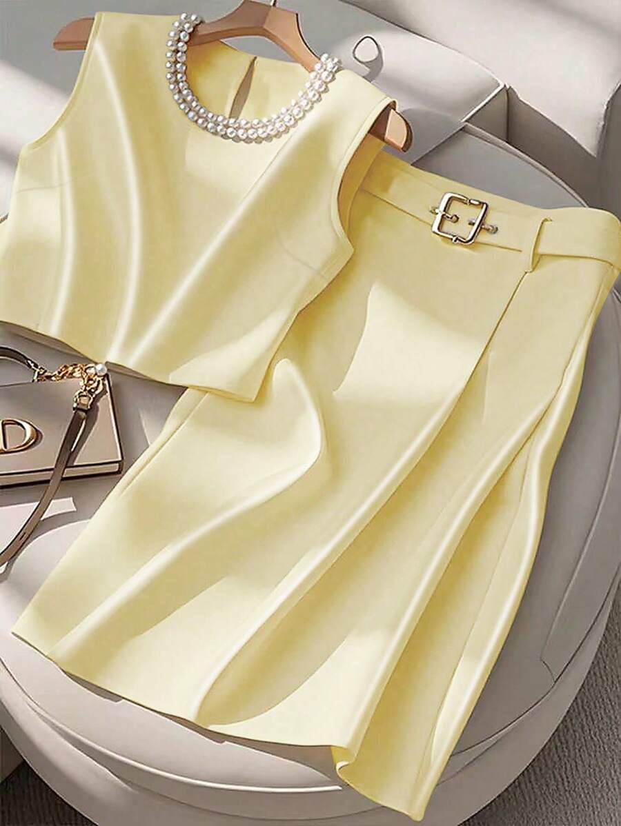 SHEIN Clasi Women's Faux Pearl Decor Crew Neck Sleeveless Top And Midi Skirt Elegant 2-Piece Set - Yellow - View 1