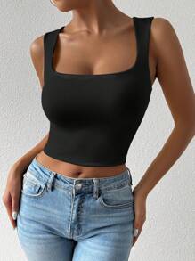 SHEIN PETITE Áo ba lỗ ngắn tay màu trắng thường ngày, áo lễ hội, áo dạ hội, áo liền quần, áo cổ vuông - màu đen - Xem 5