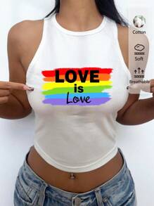 SHEIN EZwear LGBT骄傲月“爱就是爱”彩虹旗印花休闲简约圆领修身棉混纺女式背心，夏季复古风格