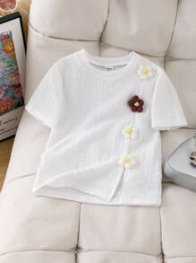SHEIN Young Girls White Short Sleeve Structural Floral Round Neck T-Shirt - White - View 8