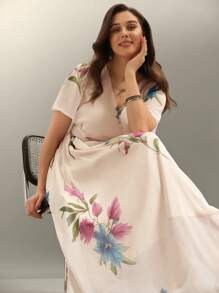 Flouryn Plus Size Women Elegant Chiffon Floral Print V-Neck Ruffle Sleeve Waist Cinched Long Dress - Multicolor - View 1