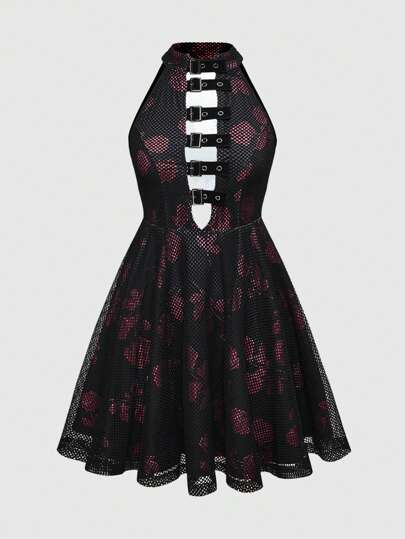 Goth Concert Tops Women's Adjustable Buckle Design Sexy Halter Mini Dress