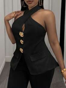 Slaydiva 大码无袖白玫瑰金金属扣吊带背心，2025 年春夏新品