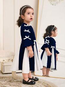 Baby Girl Elegant Dresses With Bow Decorated Two-Tone Color Fall Winter - Blue - View 7