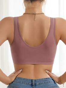 Casual-Comfy Seamless Solid Color Front Ruched Wireless Brassiere, Soft Fabric Front Closure, Wide Straps, Nylon Women Bra - Purple - View 6