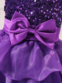 SHEIN Vestido de princesa para niña con detalles de lazos con lentejuelas y velo de tul multicapa