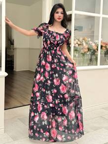 Modelyn French Square Neck Digital Floral Print Chiffon Dress For Women - Multicolor - View 7