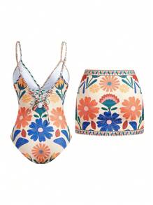 Sweetra Women Retro Plaid Blue One-Piece Swimsuit, Mini Holiday Skirt Style For Summer Beach Vacation - Multicolor - View 7