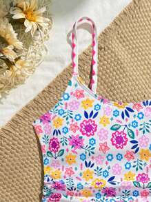 Teen Girls Cute Floral Print One-Piece Swimsuit, Bow-Decorated Pleated Beachwear - Multicolor - View 6