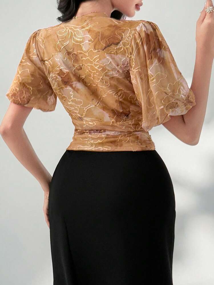 Floral Embroidery Collared Gathered Sleeve Elegant Casual Summer Blouse For Women