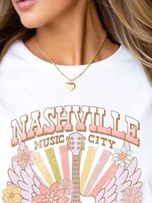 Plus Size Women Floral & Letter Print Short Sleeve Casual T-Shirt - White - View 4