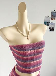 Soleia 2pcs Women Set: Stripe Print Tube Top And Miniskirt With Sweater - Hot Pink - View 3