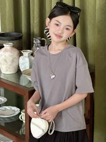 Dazy Kids 女童圆领针织短袖T恤，带蝴蝶结装饰，夏季 - 灰色 - 查看 4