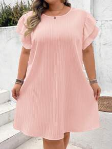 SHEIN CURVE+ Plus Size Women Solid Color Round Neck Ruffle Hem Loose Casual Dress,Summer Outfits For Women,Sun Dresses For Women Beach Outfits For Woman/Beach Dress/Beach Vacation Outfits/Beach Essentials / Graduation/Tea Party Dress Summer/Country/Beach Vacation Outfits/Beach Outfits/Beach Wear - Baby Pink - View 8