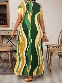 EMERY ROSE Plus Size Women's Wavy Striped Geometric Print V-Neck Bat Short-Sleeved Side Slit Country Vacation Long Dress,Spring And Summer - Army Green - View 2